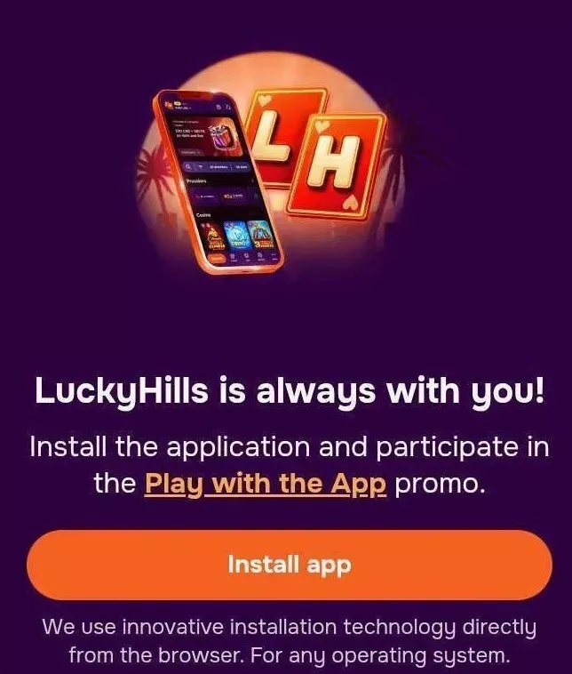 Lucky Hills Casino app installed as a PWA on a smartphone